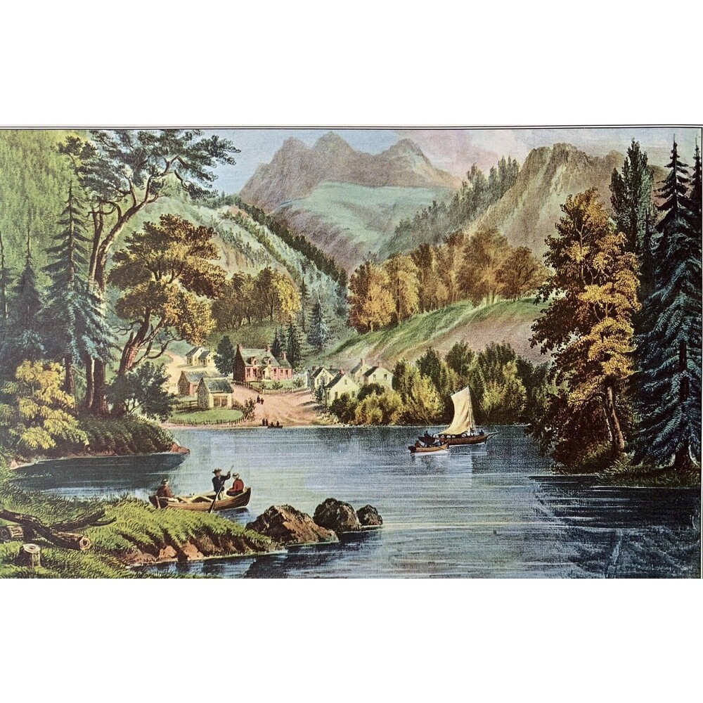 Currier and Ives "A Frontier Settlement" Mountains Boat Lake 1954 Calendar Print